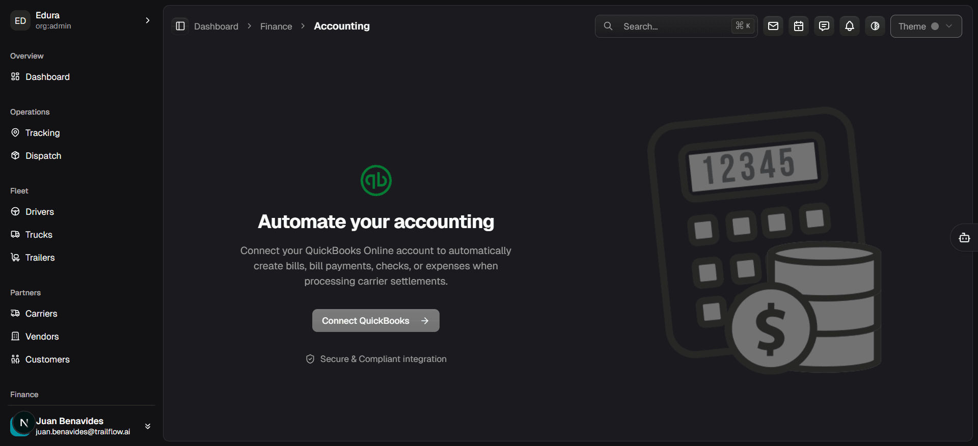 Trailflow pricing call-to-action preview showing finance and operations workflow coverage