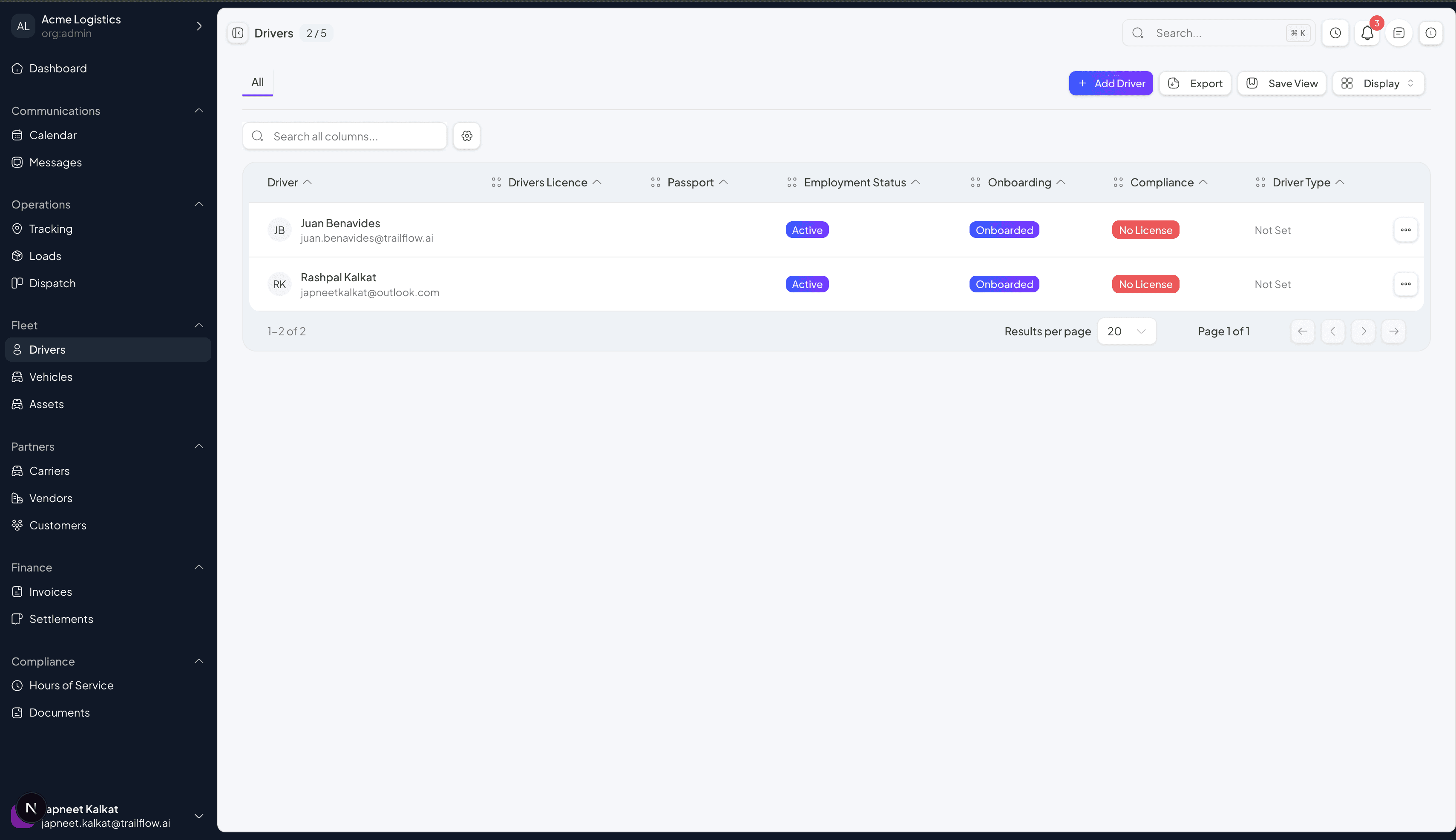 Trailflow fleet management screenshot showing driver roster, onboarding status, and compliance visibility