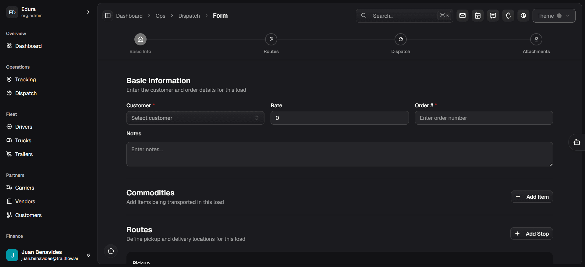 Trailflow load planning preview showing dispatch intake and assignment workflow